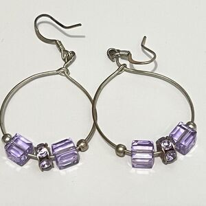 Purple Geometric Tri-beaded Large Hoop Silver Hook‎ Earrings Casual